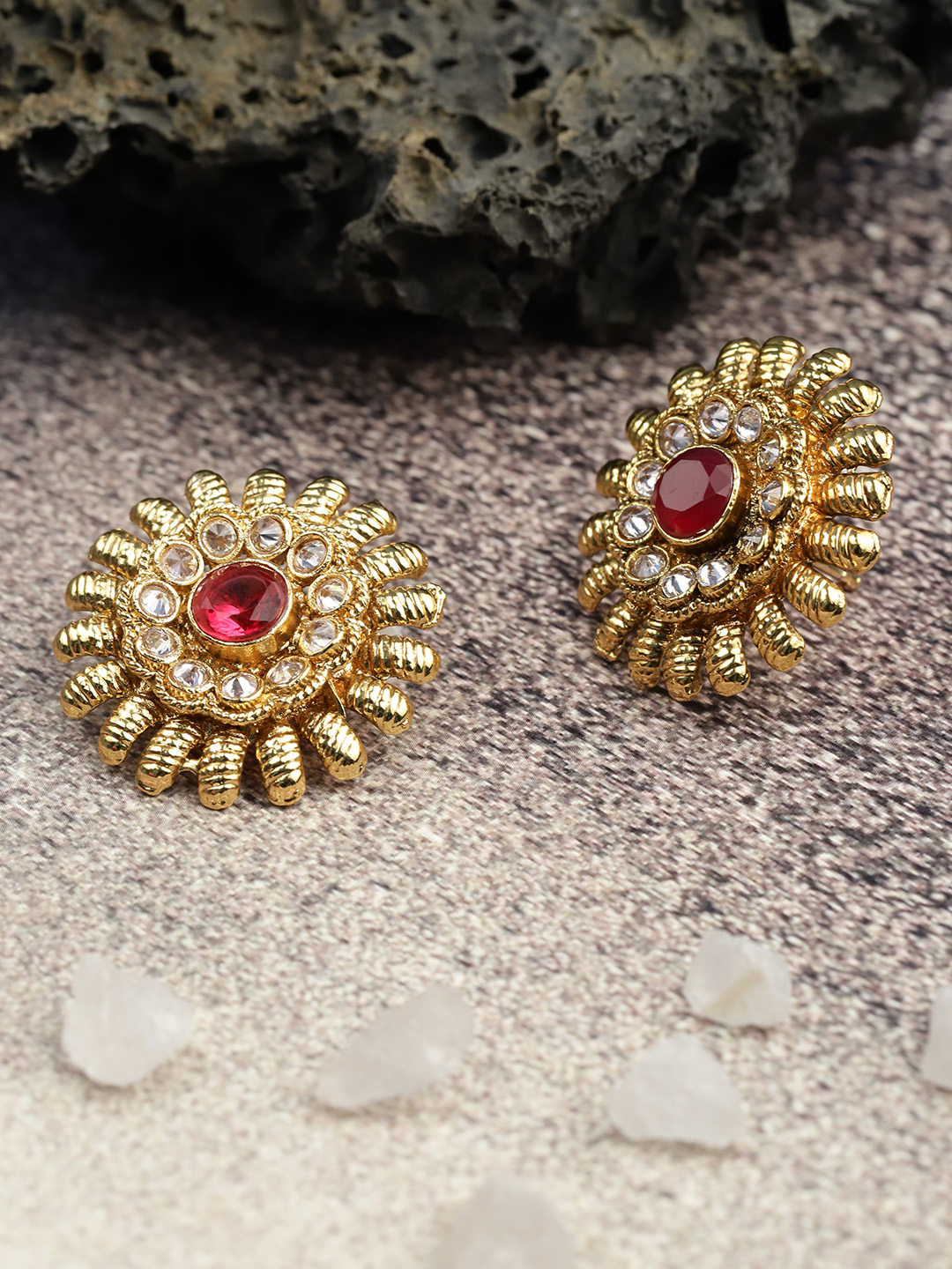 YouBella Pink Gold-Plated Textured Circular Oversized Studs